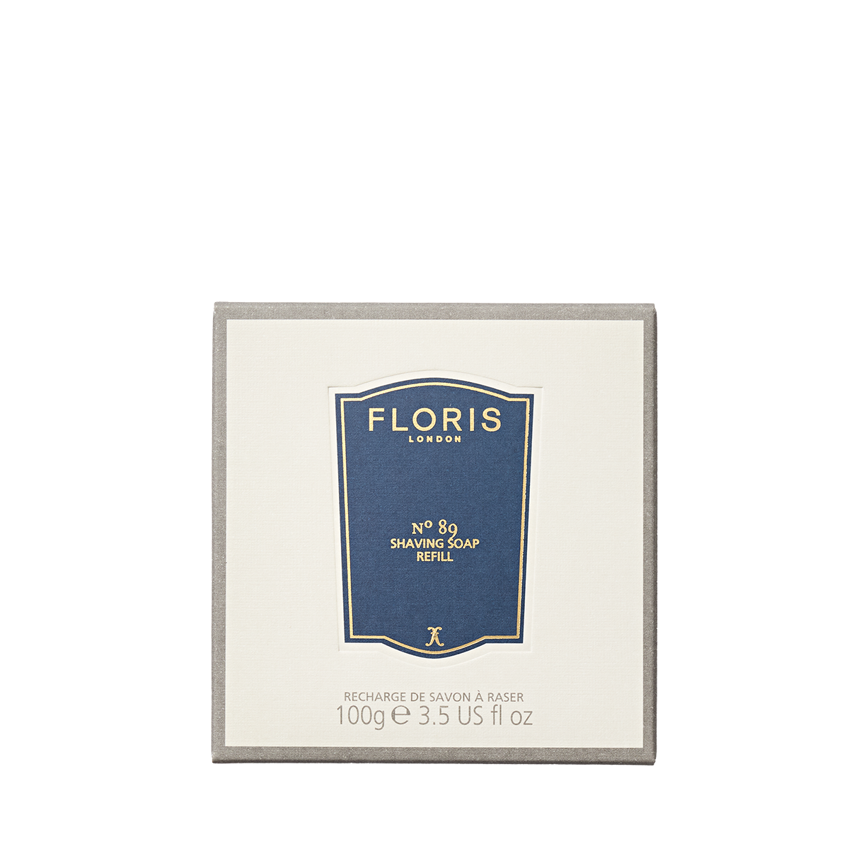 Floris London No. 89 Shaving Soap Refill, 100g, sandalwood notes, comes in a square cream and gray box.