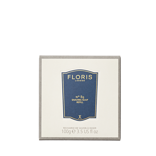 Floris London No. 89 Shaving Soap Refill, 100g, sandalwood notes, comes in a square cream and gray box.