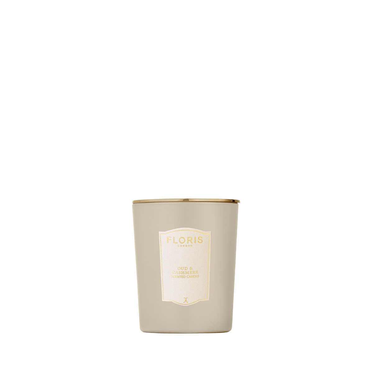 Floris London’s Oud & Cashmere Scented Candle 175g: beige glass with gold rim and cream label—an elegant touch for your home fragrance.