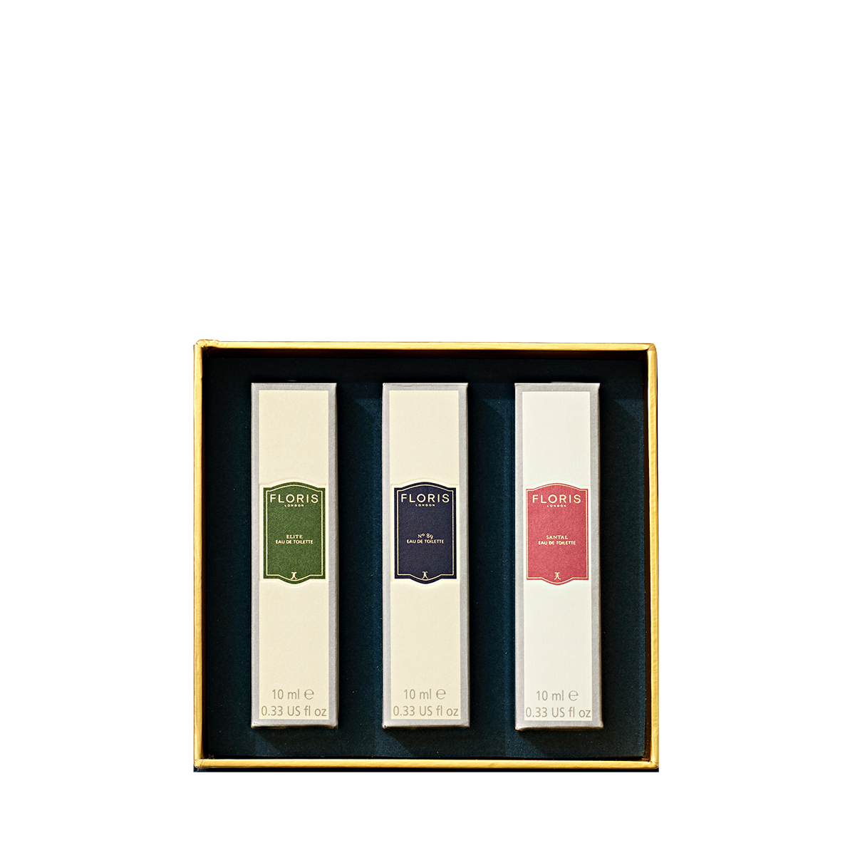 Floris London's Perfumer's Trilogy: For Him features three British men's fragrances in a gold-edged box—an elegant festive season gift.