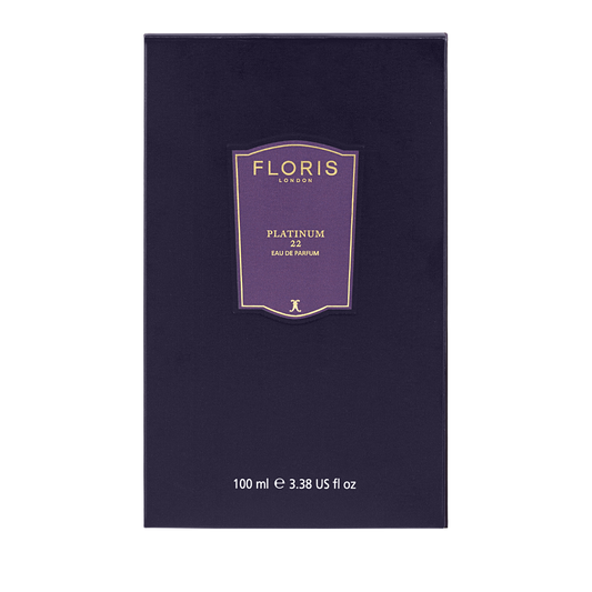 A dark purple 100ml Floris London Platinum 22 - Eau de Parfum box with gold text—an elegant, vegan fragrance choice.