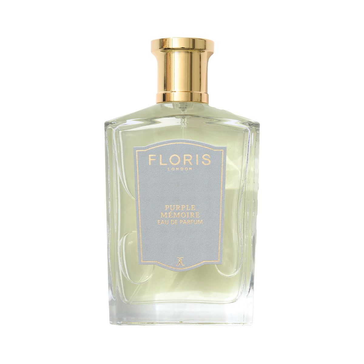 A clear bottle of Floris London UK Purple Mémoire Eau de Parfum, featuring English charm with a gold cap and light blue label.