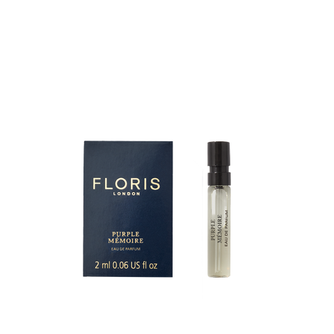 2 ml sample bottle and box of Floris London UK's Purple Mémoire Eau de Parfum, a sophisticated fragrance embodying English charm.