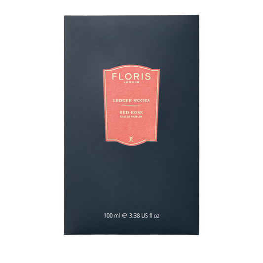 Floris London UK's Red Rose, a dark blue perfume box enriched with sandalwood, 100 ml.