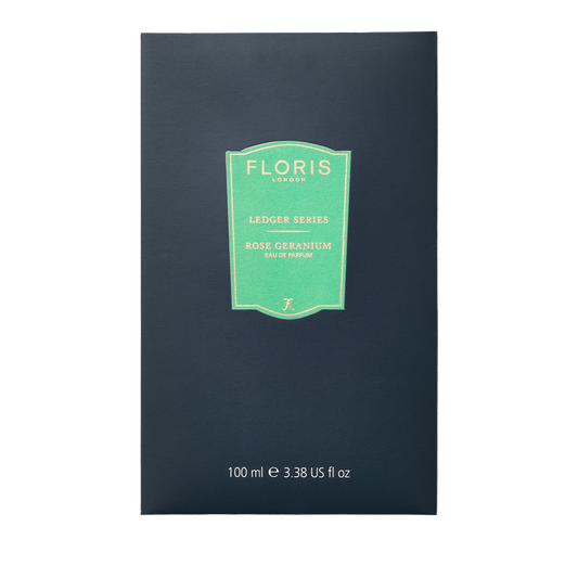 Floris London's dark blue box holds 'Rose Geranium' perfume with hints of cedarwood, in a 100 ml size.