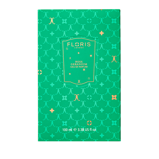 Floris London UK Rose Geranium | Limited Edition perfume, 100 ml, features a green box with gold text and decorative pattern.