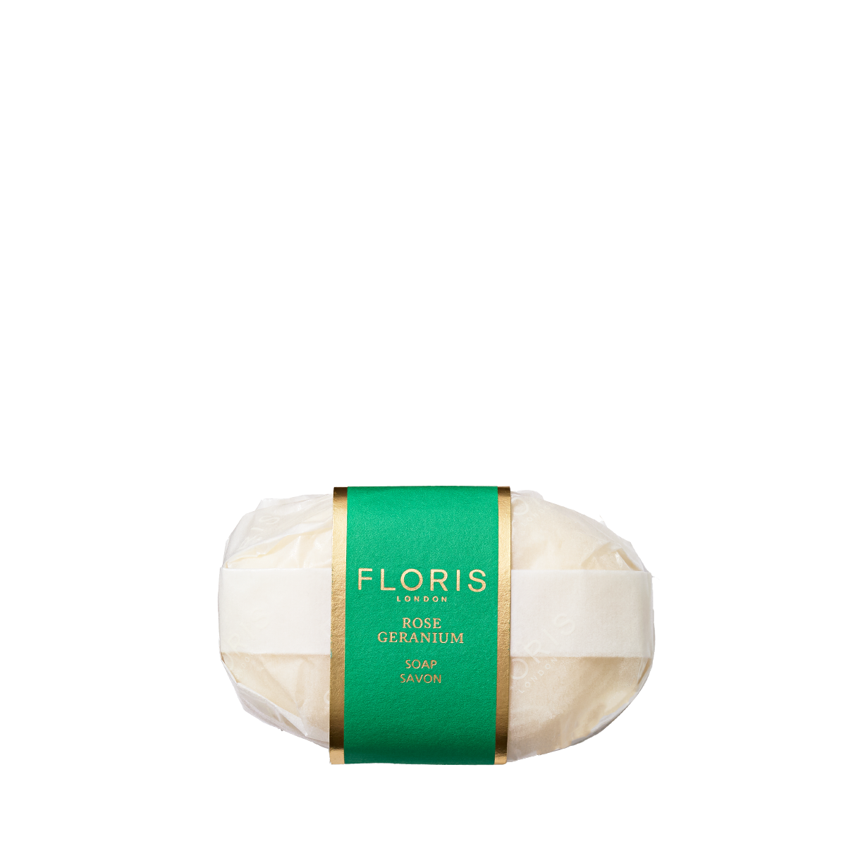 Floris London Rose Geranium - Luxury Soap: a gentle, vegetable-based oval white bar wrapped in clear paper with a green label.