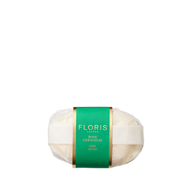 Floris London Rose Geranium - Luxury Soap: a gentle, vegetable-based oval white bar wrapped in clear paper with a green label.