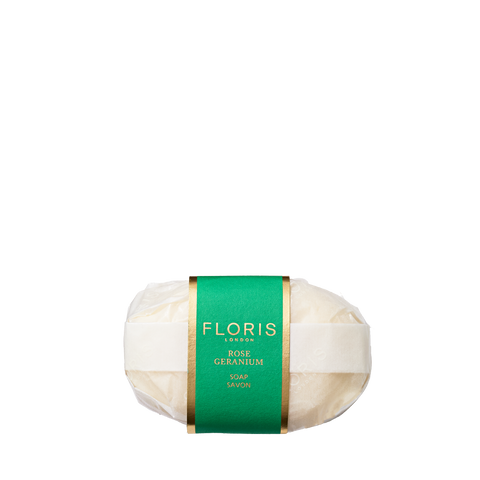 Floris London Rose Geranium - Luxury Soap: a gentle, vegetable-based oval white bar wrapped in clear paper with a green label.