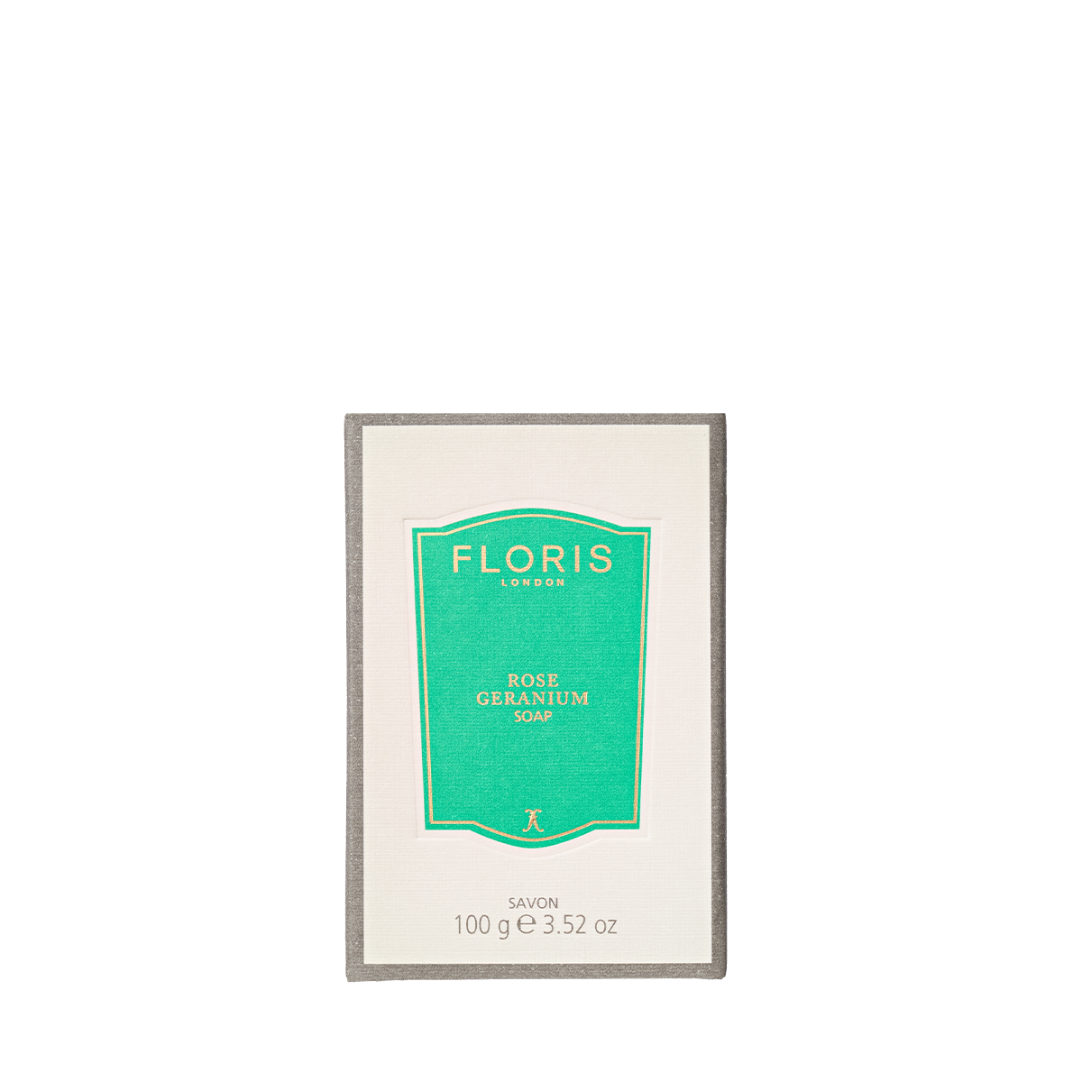 Floris London Rose Geranium - Luxury Soap, 100g bar with vegetable base and shea butter in green and white packaging.