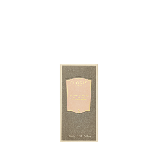 Beige and brown Floris London "Sandalwood & Patchouli" room fragrance box on white, with jasmine notes.