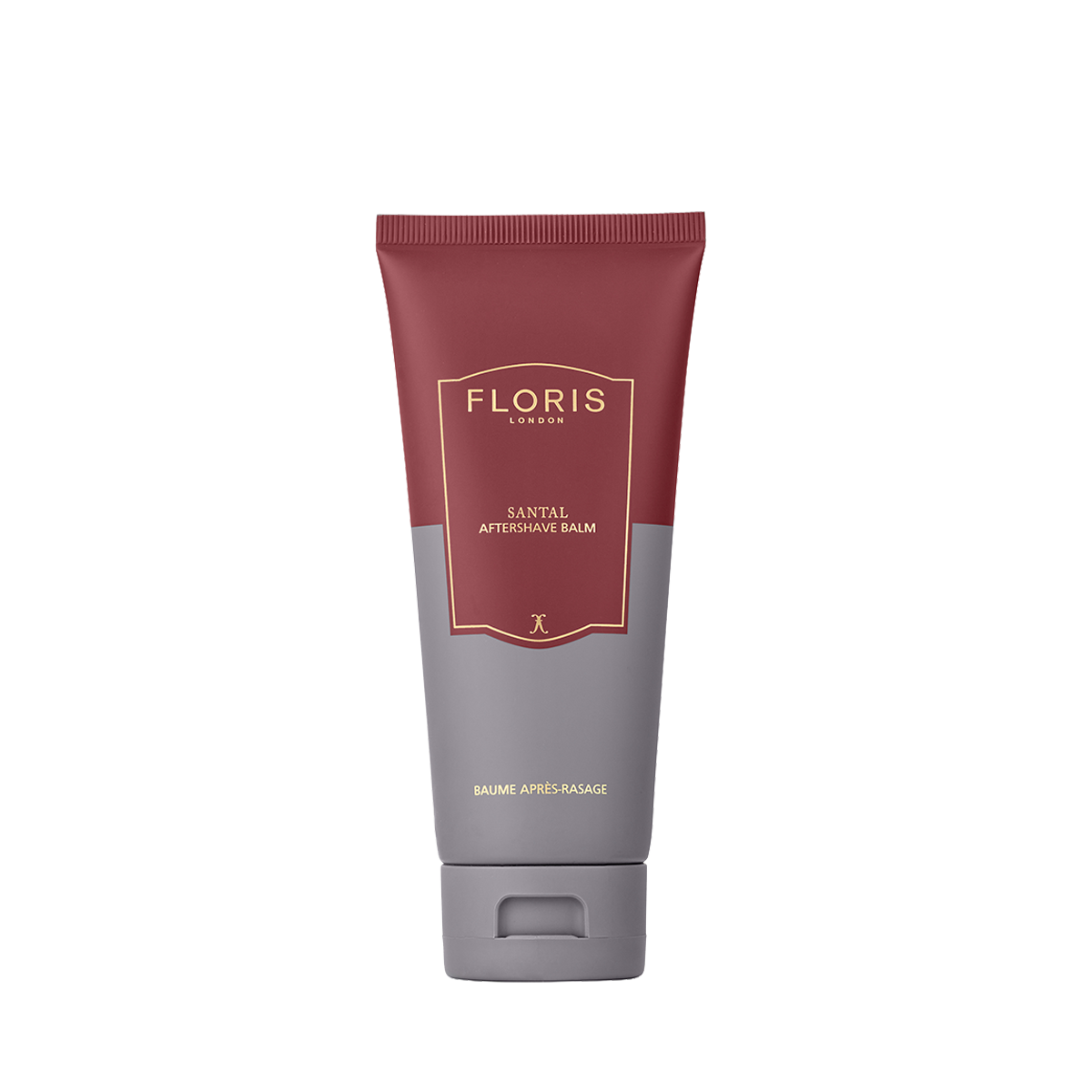 A tube of Floris London Santal - Aftershave Balm with a maroon and gray design, ideal for hydrating post-shave care on a white background.