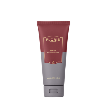 A tube of Floris London Santal - Aftershave Balm with a maroon and gray design, ideal for hydrating post-shave care on a white background.