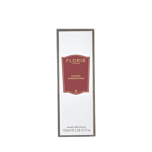 Floris London Santal Aftershave Balm, 100ml—alcohol-free with a red and white label, ideal for hydrating your skin after shaving.