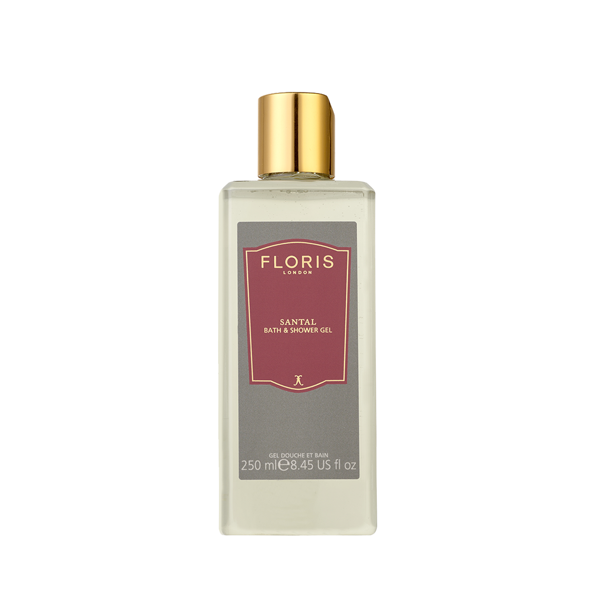 Floris London UK Santal Bath & Shower Gel in a clear bottle with a gold cap, 250ml (8.45 fl oz).