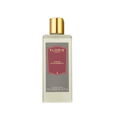 Floris London UK Santal Bath & Shower Gel in a clear bottle with a gold cap, 250ml (8.45 fl oz).