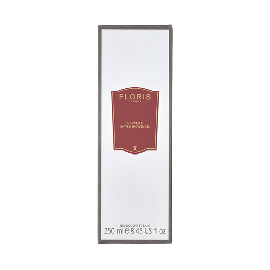 White box of Floris London UK Santal Bath & Shower Gel, 250ml, featuring a red label on the front.