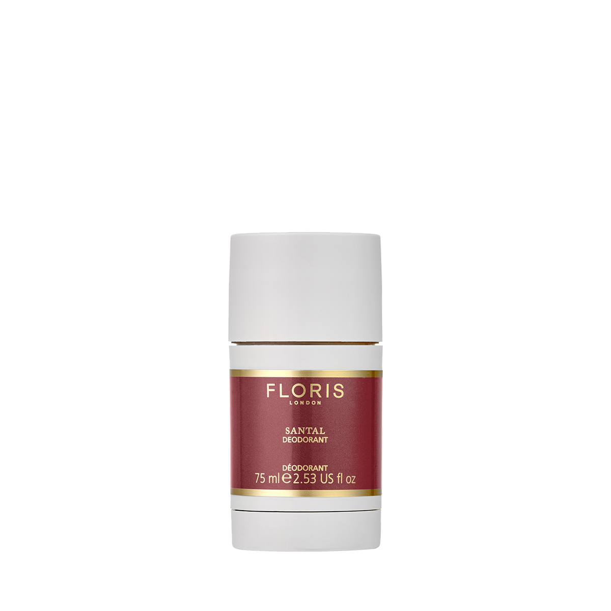 Floris London Santal Deodorant Stick 75ml, aluminium-free and perfect for sensitive skin, features a red and gold label on a white background.