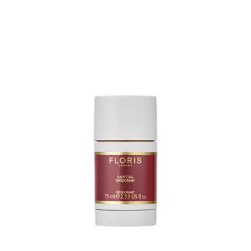 Floris London Santal Deodorant Stick 75ml, aluminium-free and perfect for sensitive skin, features a red and gold label on a white background.