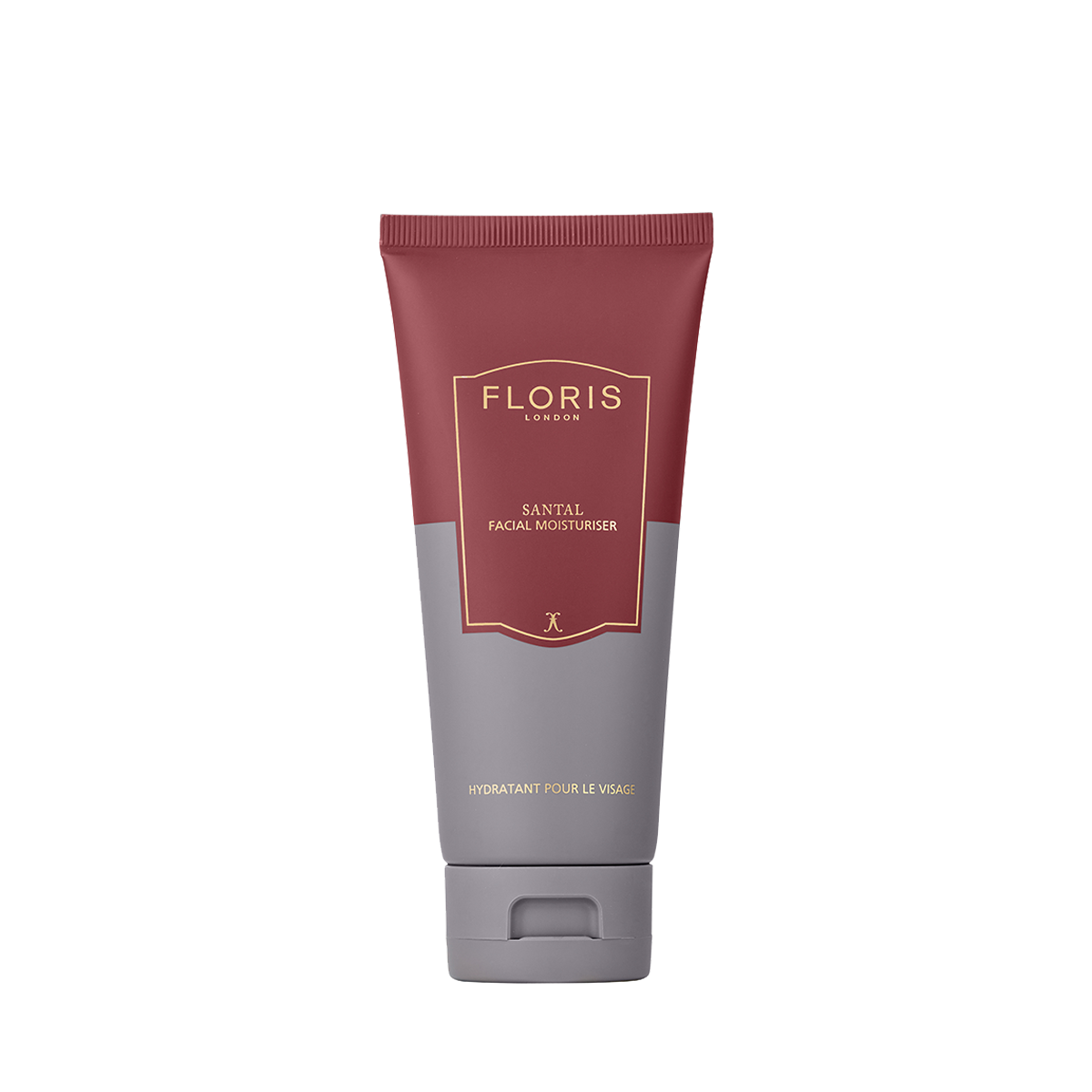 A tube of Floris London UK Santal Facial Moisturiser on a white background, delivering deeply nourishing yet lightweight skincare.