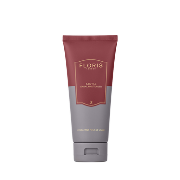 A tube of Floris London UK Santal Facial Moisturiser on a white background, delivering deeply nourishing yet lightweight skincare.