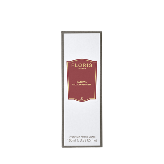 A box of Floris London UK Santal Facial Moisturiser, 100 ml—a lightweight moisturiser for deeply nourishing skincare.