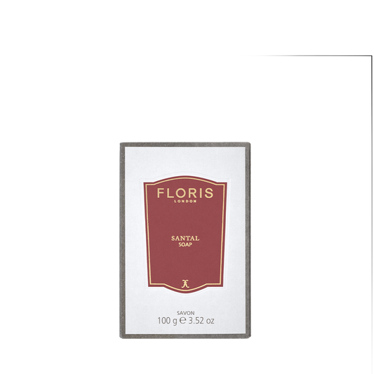 Floris London Santal - Luxury Soap, 100g, vegetable-based with shea butter, comes boxed in white with a red and gold label.