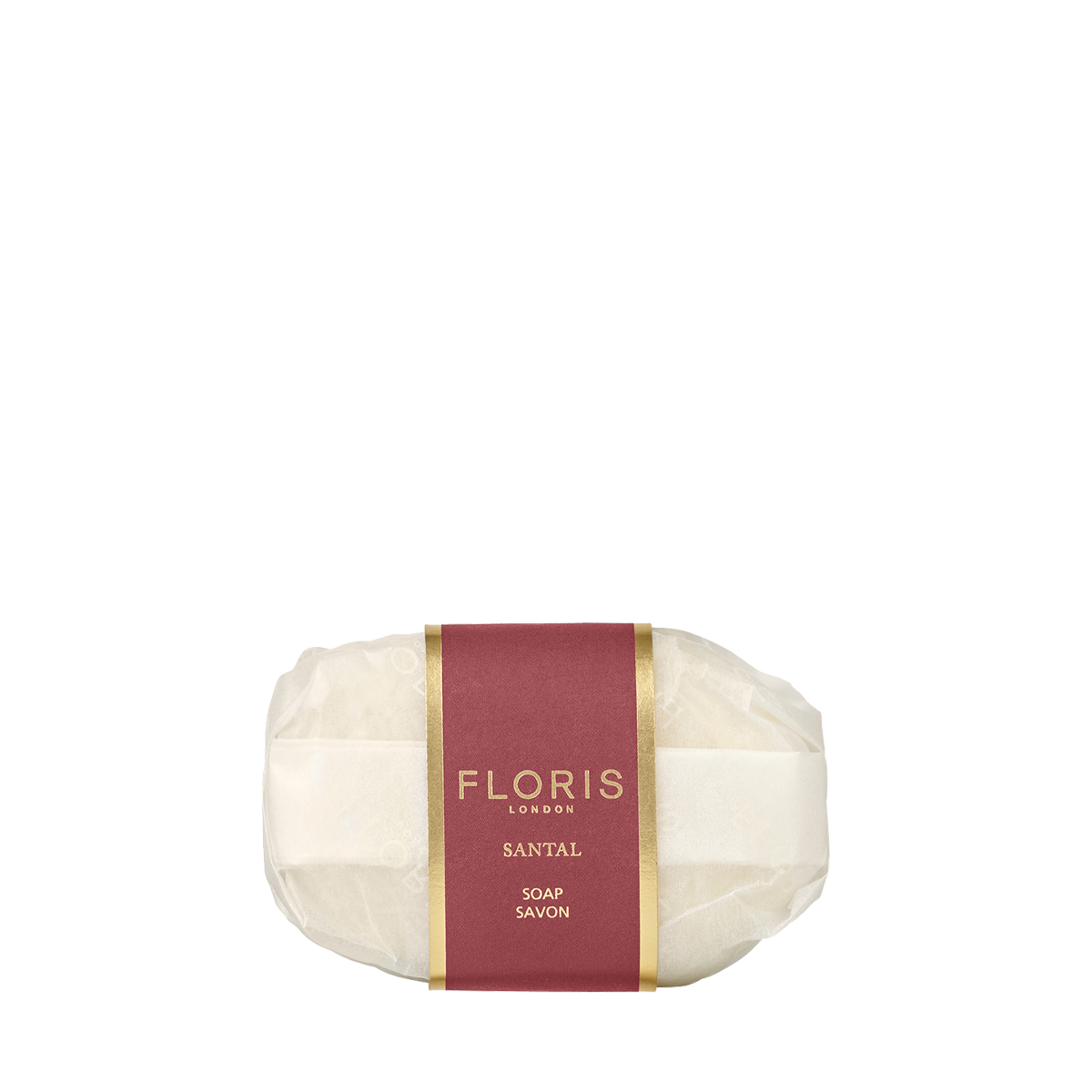 Floris London Santal - Luxury Soap: oval, vegetable-based bar wrapped in white paper, finished with a red and gold Floris Santal label.