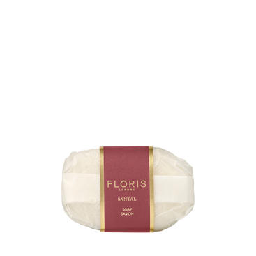 Floris London Santal - Luxury Soap: oval, vegetable-based bar wrapped in white paper, finished with a red and gold Floris Santal label.