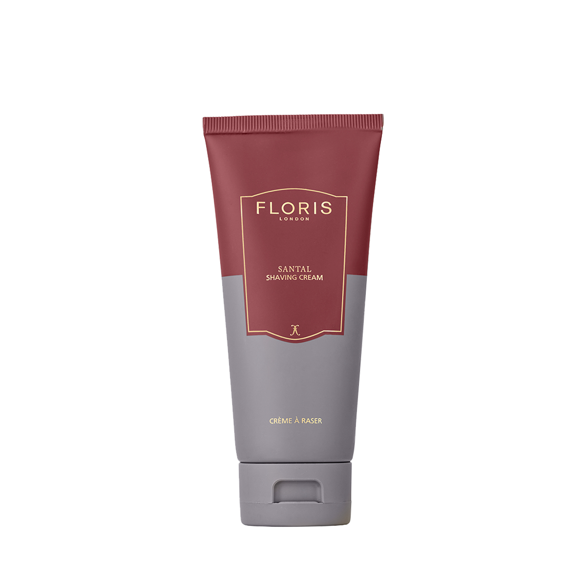A tube of Floris London UK Santal Shaving Cream for sensitive skin, featuring a maroon and gray design on a white background.
