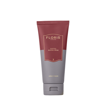 A tube of Floris London UK Santal Shaving Cream for sensitive skin, featuring a maroon and gray design on a white background.