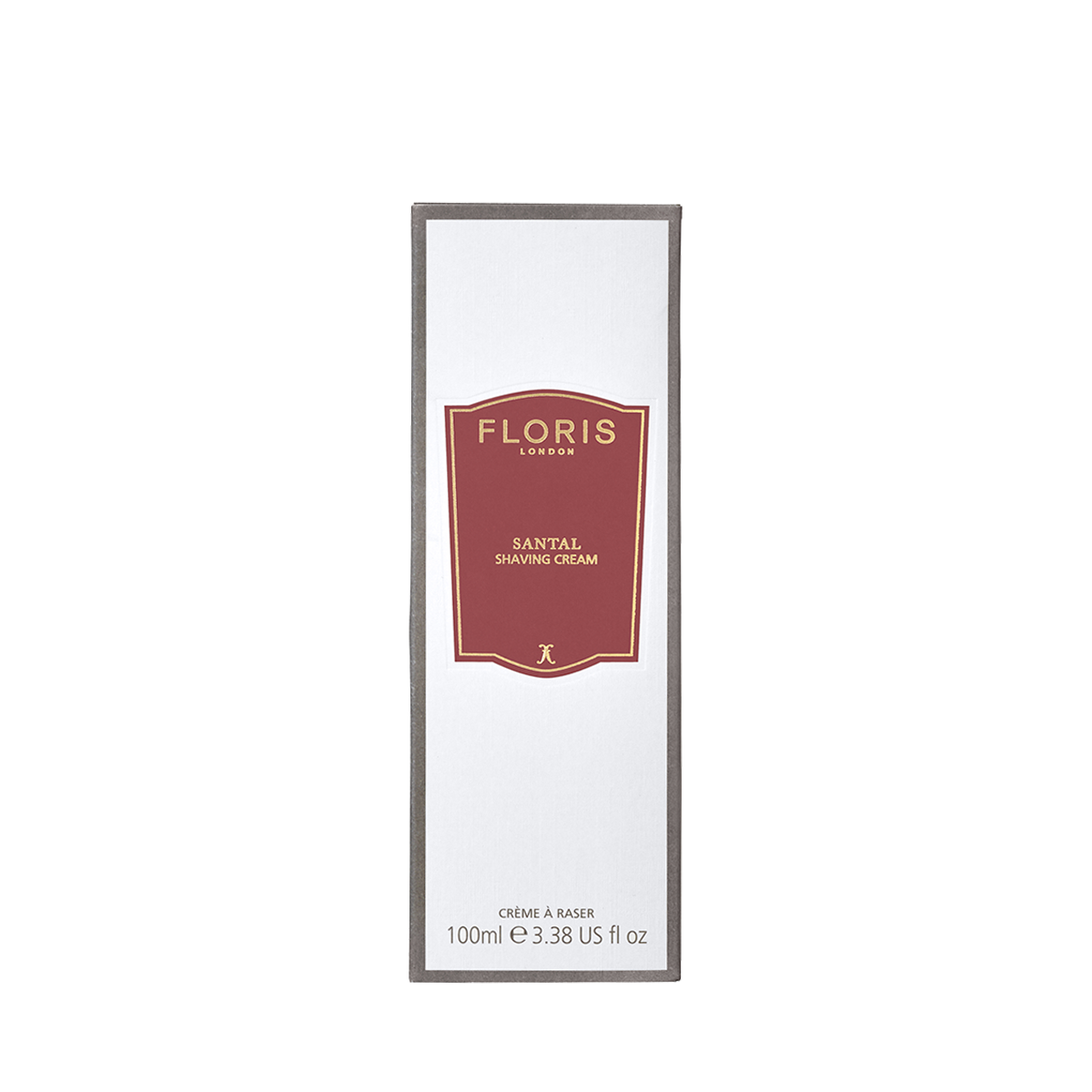 Floris London UK Santal Shaving Cream, 100ml—luxurious shaving cream in white box with red and gold label, ideal for sensitive skin.