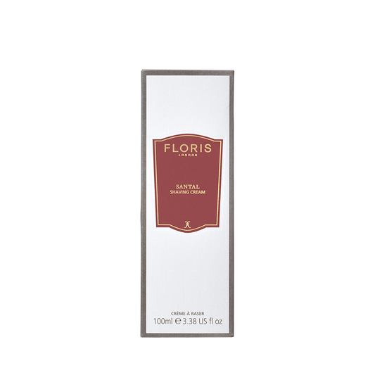 Floris London UK Santal Shaving Cream, 100ml—luxurious shaving cream in white box with red and gold label, ideal for sensitive skin.