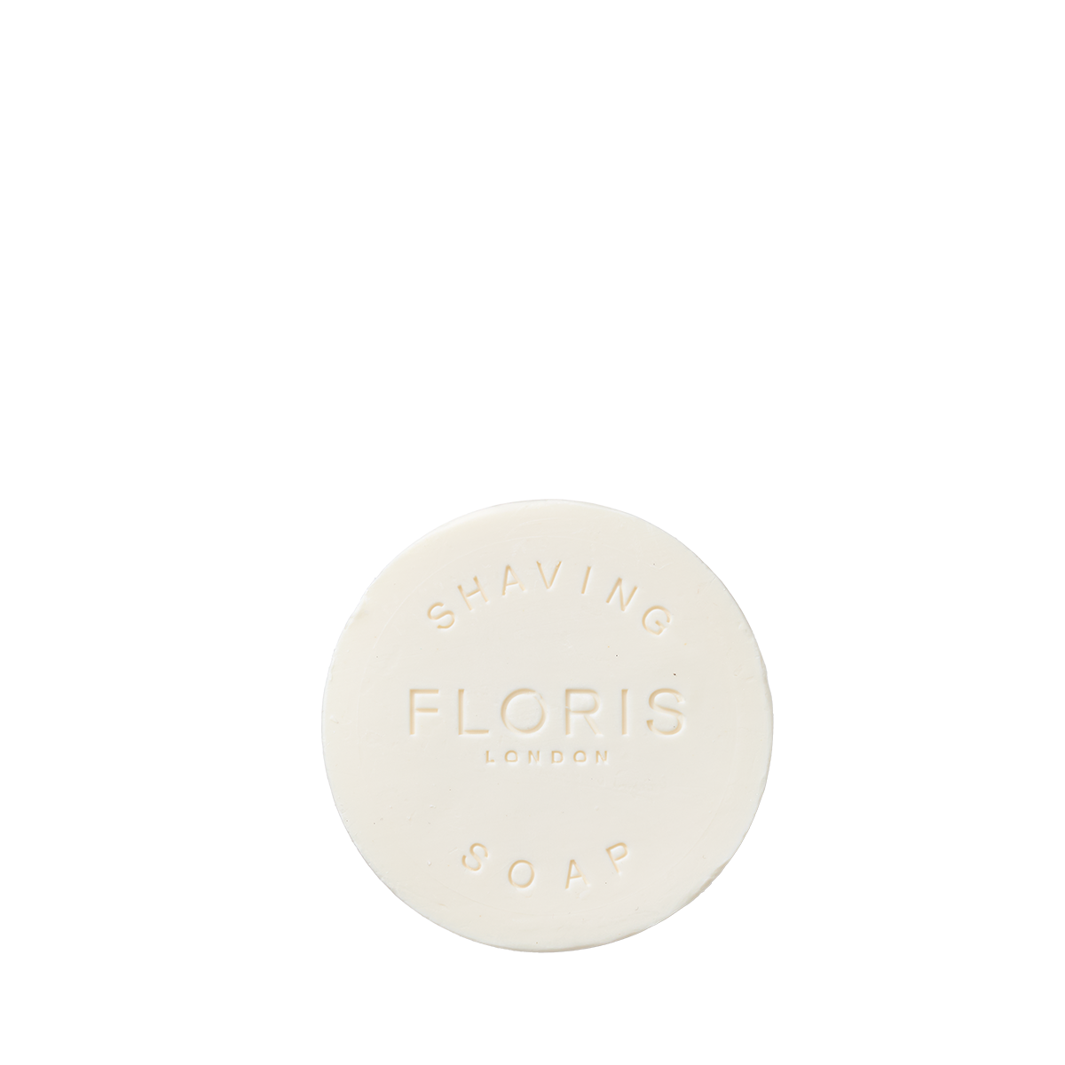 Santal Shaving Soap Refill by Floris London—round, white, nourishing shea butter soap embossed "FLORIS LONDON SHAVING SOAP" on top.