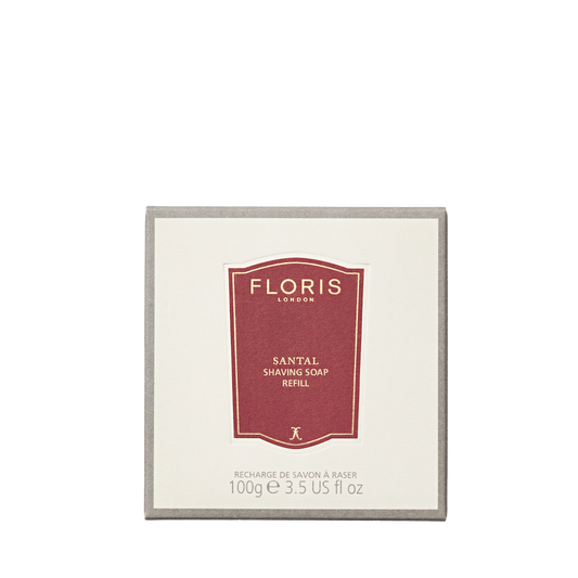 Floris London Santal Shaving Soap Refill, 100g—featuring a red and white label and enriched with shea butter for a smooth shave.
