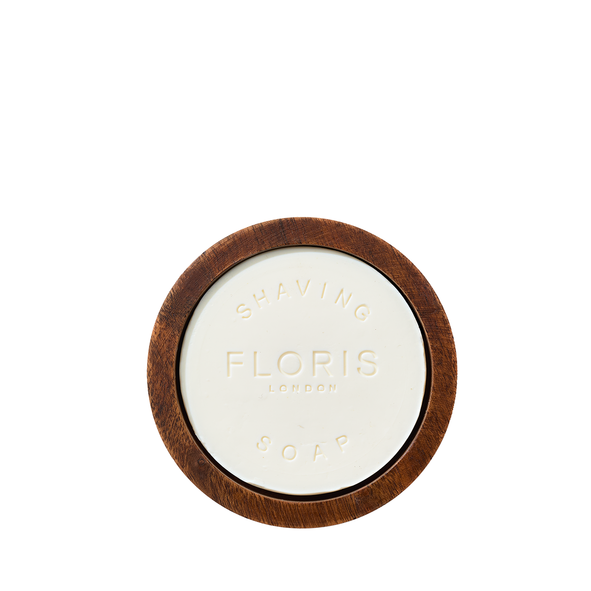 Floris London Santal Shaving Soap, embossed with the brand, sits in a classic wooden bowl, viewed from above against a white background.