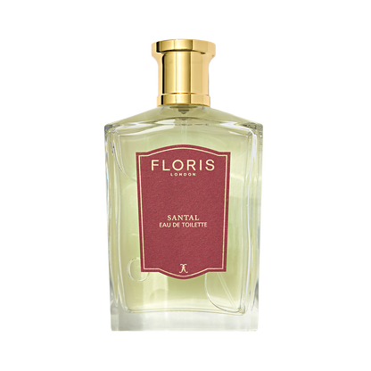Floris London Santal Eau de Toilette, a men's fragrance with a gold cap and maroon label, features rich sandalwood notes.