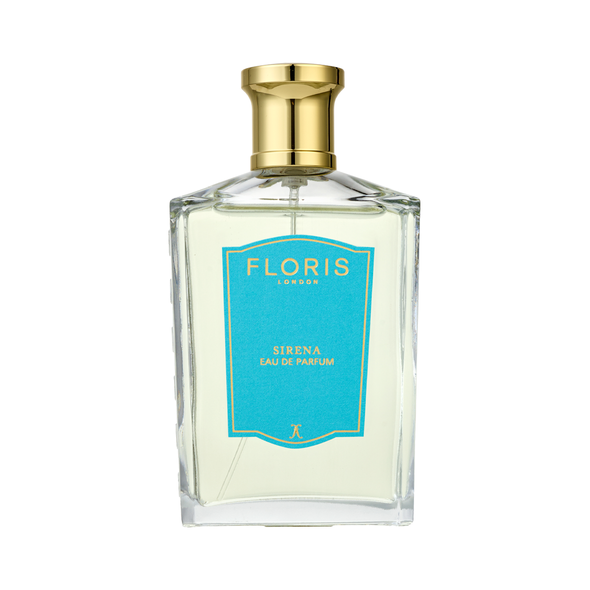 A clear glass bottle of Floris London Sirena - Eau de Parfum, a fresh floral scent with a gold cap and blue label.