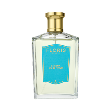 A clear glass bottle of Floris London Sirena - Eau de Parfum, a fresh floral scent with a gold cap and blue label.