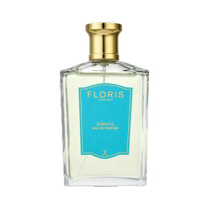 A clear glass bottle of Floris London Sirena - Eau de Parfum, a fresh floral scent with a gold cap and blue label.