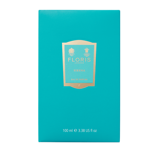 Teal Floris London's "Sirena" Eau de Parfum, 100 ml (3.38 oz), with a gold label, offers a floral scent that awakens the senses.