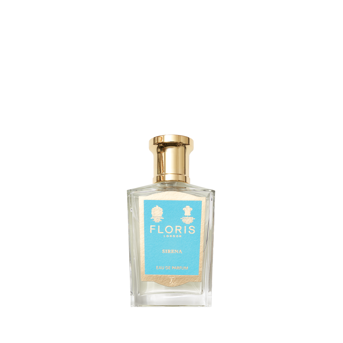 Floris London's Sirena Eau de Parfum is in a clear glass bottle with a gold cap, offering a tropical floral scent in blue and gold.