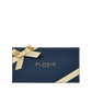 Navy blue Floris London gift box with a gold ribbon, featuring the Soap Collection | For Her, on a white background.