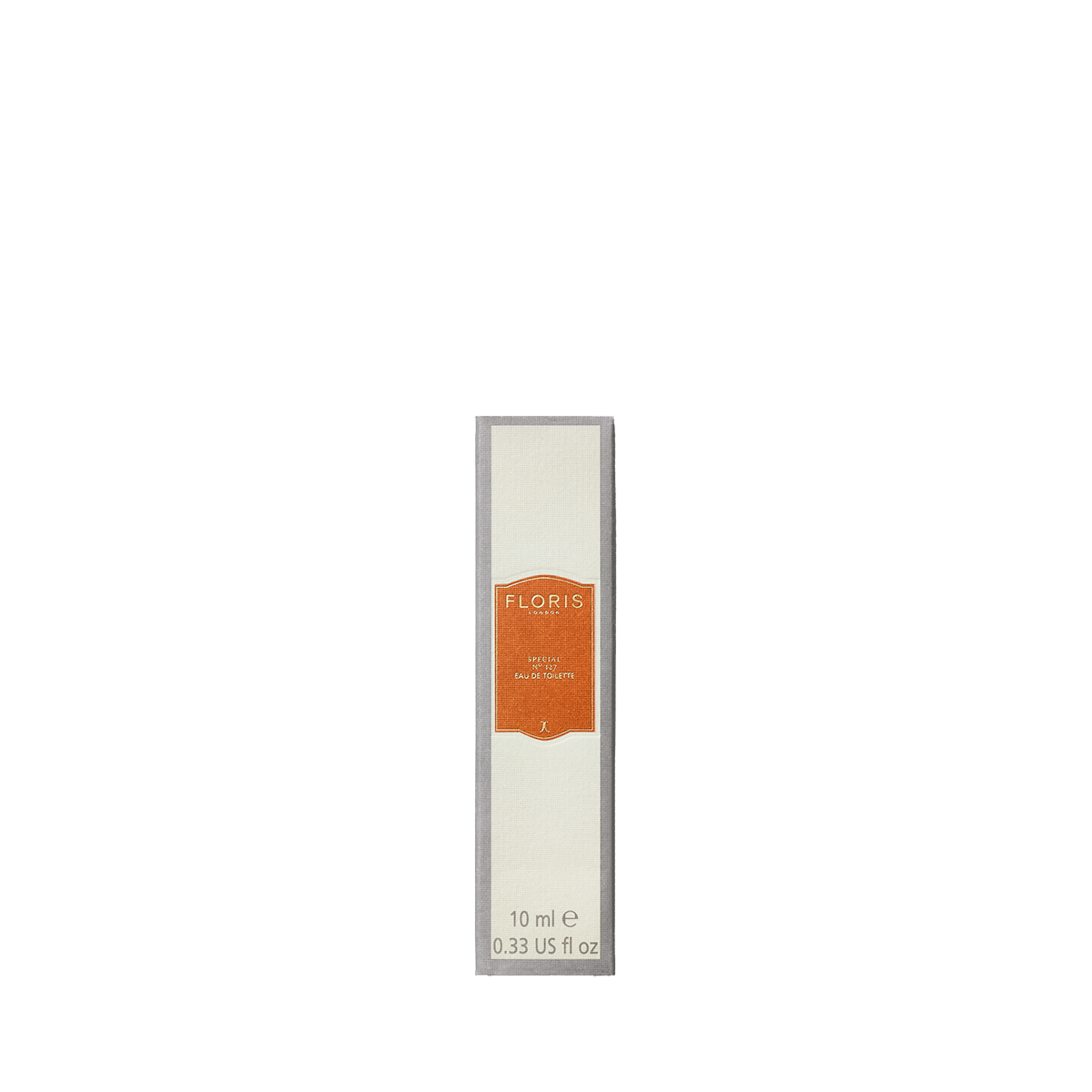 Floris London's Special No. 127, a 10 ml perfume in a white box with an orange label, exudes historic elegance with a hint of bergamot.