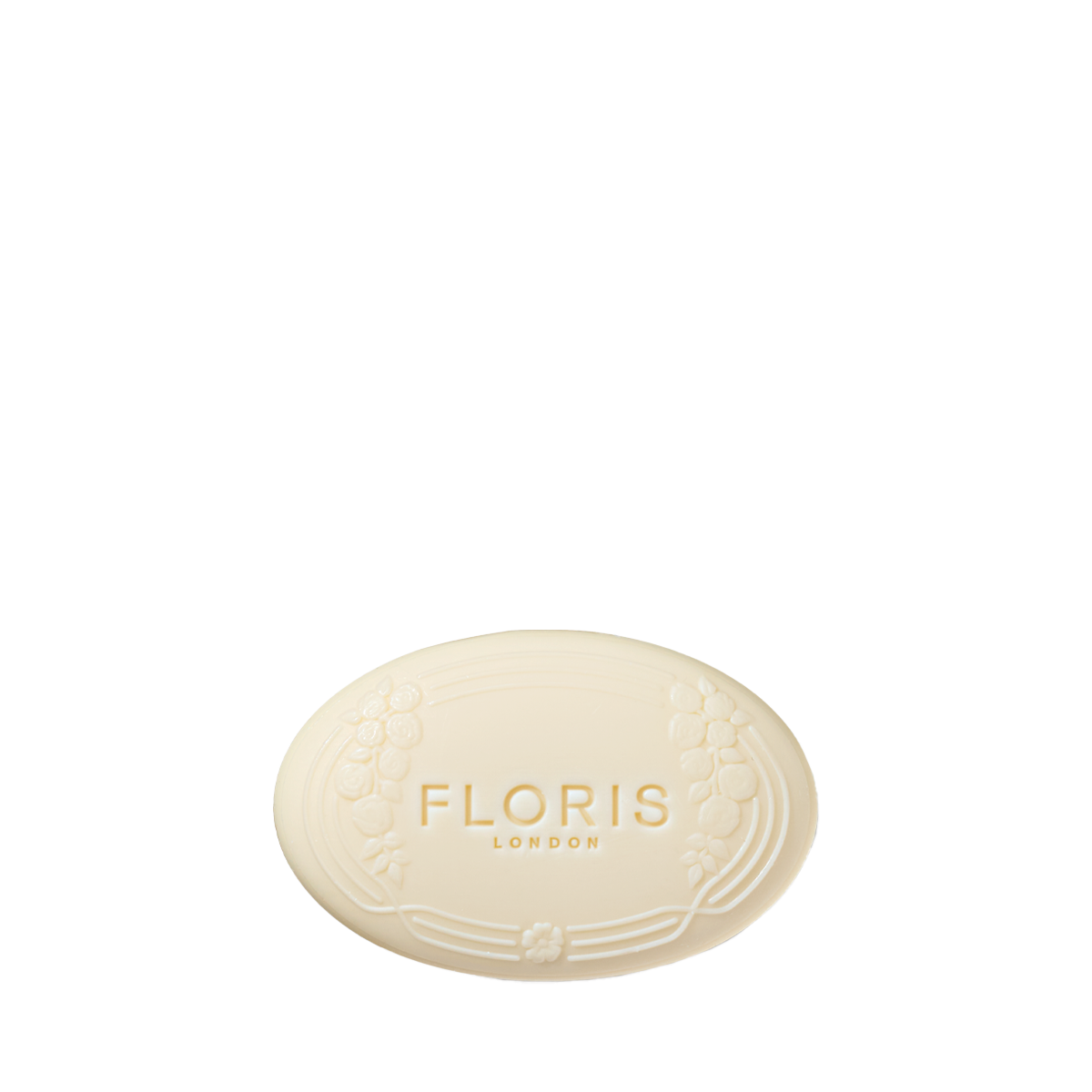 Stephanotis - Luxury Soap by Floris London: oval, white soap embossed with the brand name, floral border design, and a gentle vegetable base.