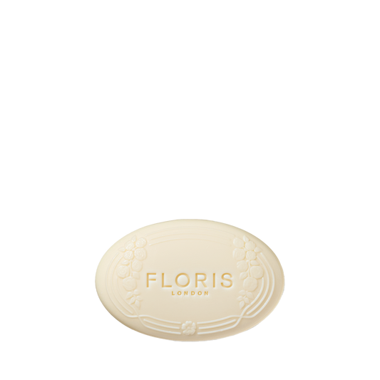 Stephanotis - Luxury Soap by Floris London: oval, white soap embossed with the brand name, floral border design, and a gentle vegetable base.