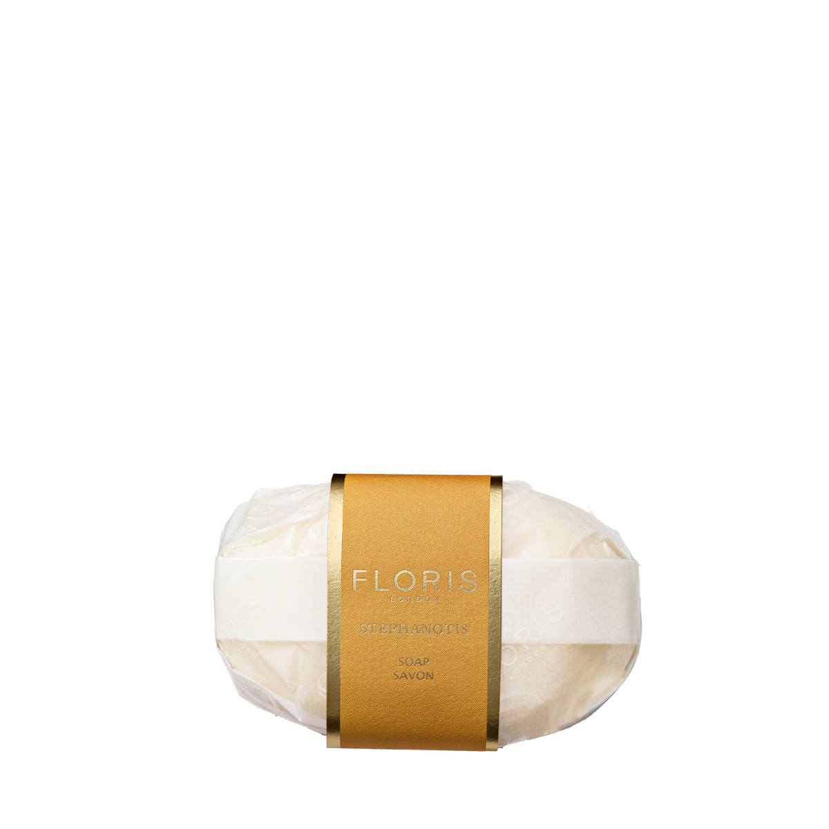 The Stephanotis - Luxury Soap by Floris London is a white, vegetable-based hand soap bar, wrapped in clear plastic with a gold Floris London label.