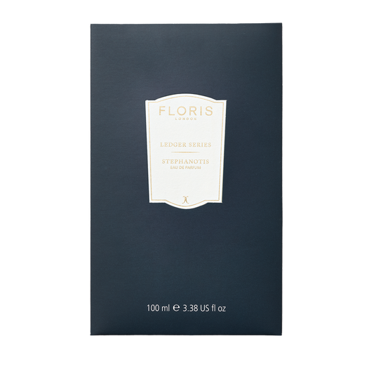 Dark blue box labeled "Floris London UK", "Ledger Series", with sandalwood Stephanotis Eau de Parfum, 100 ml, 3.38 fl oz.