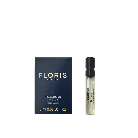 Floris London's Tuberose in Silk Eau de Parfum sample comes in a blue box with a 2ml spray vial and features tuberose and jasmine notes.