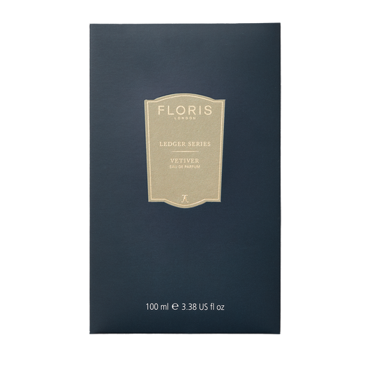 Navy box of Floris London UK's Vetiver Eau de Parfum, 100 ml, offering a sophisticated scent with hints of vetiver and amber.